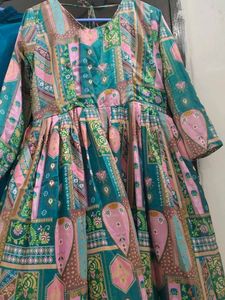 Printed silk  frock suit with Pants dupatta
