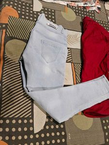 Red Button-Down Shirt &amp; Light Wash Jeans