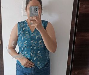 Boho Blue Floral Button-Up Vest