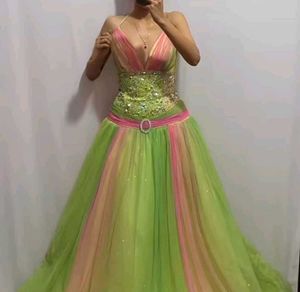 Stunning Green & Pink Evening ball Gown princess