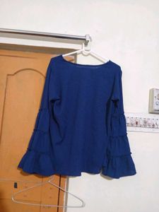 Blue Ruffle Sleeve V-Neck Top