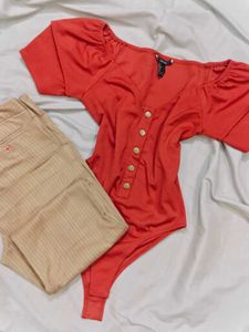 Chic Red Puff Sleeve Button-Up Top