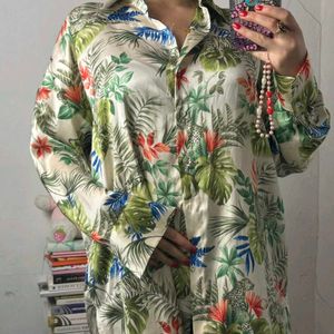 Oversized Satin Beachy Floral Long Shirt