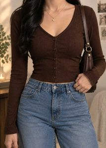 retro Brown Ribbed V-Neck full sleeve crop Top