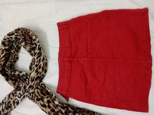 Red Denim Skirt with Belt