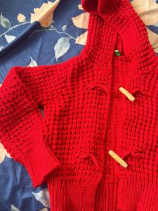 New Red Hoodie Sweater Cardigan With Wooden Button For Girls