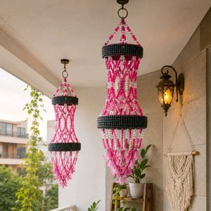 Set of 2 Pink Beaded Hanging Lanterns