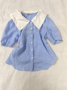 Blue collared Plaid Top