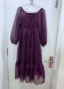 Sheer Dot Puff Sleeve Tiered Dress
