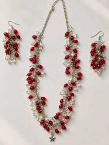 Red & Clear Beaded Necklace & Earrings Set