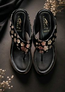 Stylish Black Floral Wedge Sandals