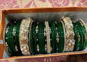 Elegant Green &amp; Gold Embellished Bangles Set