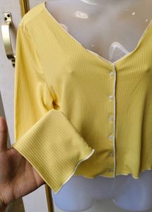 Yellow Ribbed Button-Up Top