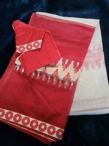 Red and Off-White Saree with Blouse