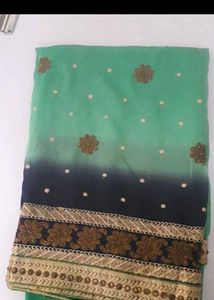 Green &amp; Navy Ombre Embroidered Saree