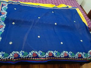 Today Offer 🎉Blue & Yellow Embroidered Saree