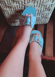 Blue Embellished Slide Sandals