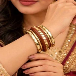 Ethnic Wooden &amp; Gold Bangles Set
