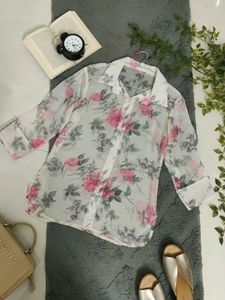 Sheer Floral Button-Up Blouse