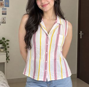Striped Sleeveless Collared Shirt