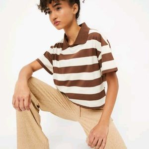Women Striped Crop Polo T-shirt &amp; Brown J