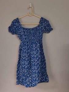 Blue Floral Print Puff Sleeve Mini Dress
