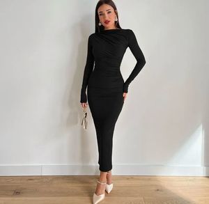 Elegant Ruched Black Midi Dress