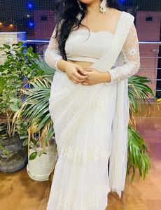 Elegant White Net Saree with Blouse