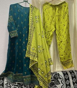 Teal &amp; Lime Green Ethnic Kurta Set