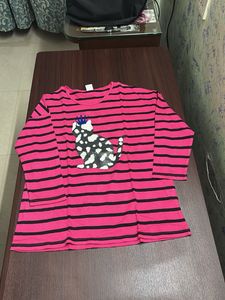 Pink & Black Striped Top with Cat Print