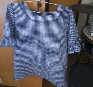 Blue Gingham Top with Ruffle Sleeves