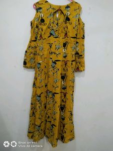 Unique Yellow Print Cold Shoulder Dress