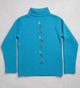 Turquoise Turtleneck Sweater with Floral Embellish
