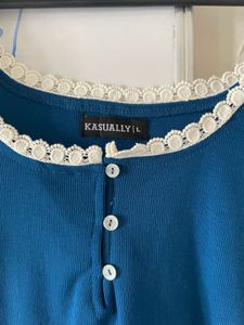 round neck teal blue lase embllised cotton top