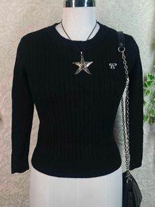 Chic Black Cable Knit Sweater with Bow Detail