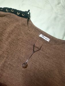 New Brown Lace-Up Detail Sweater Top