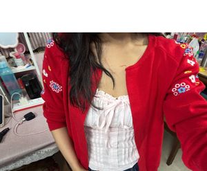 Red Floral Embroidered Cardigan