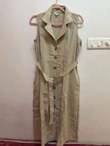 Sleeveless Beige Button-Up Midi Dress