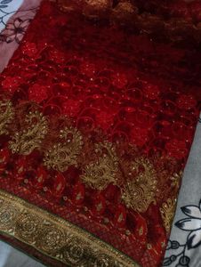 Stunning Red Embroidered Saree without blouse