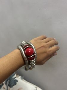 Unique Red Bead Silver Bangle