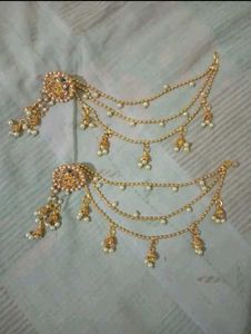 Traditional Gold-Tone Pearl Chain Ear Cuff Jhumka