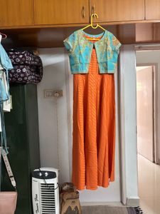 Orange-turquoise Ethnic fusion gown + coat