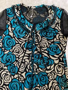 retro Stylish Floral Print Top with Sheer Sleeves