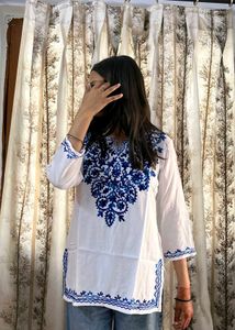 Embroidered White And Blue Short Kurti 🤍💙