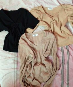 2 Ribbed Knit Tops - Black & Beige