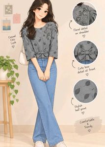Chic Gray Leaf Print Top with Bow Detail
