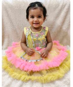Girls Yellow & Pink Lehenga Choli