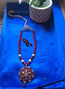 Designer Red Beaded Necklace with Earrings