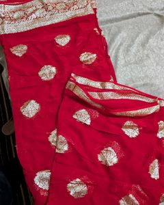 Vibrant Red Saree with Gold Brocade
