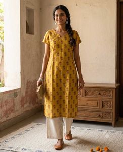 🧡Silk Mustard Yellow Block Print Cotton Kurti🌼